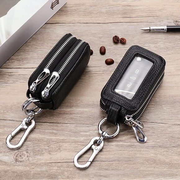 Car Key Fob Case, Genuine Leather Remote Keychain Bag with Lanyard and Zipper Cl - Picture 4 of 6